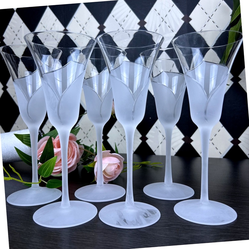Vintage Sasaki Hana Flutes Frosted Floral Stem Champagne Glasses Set 6 Celestial